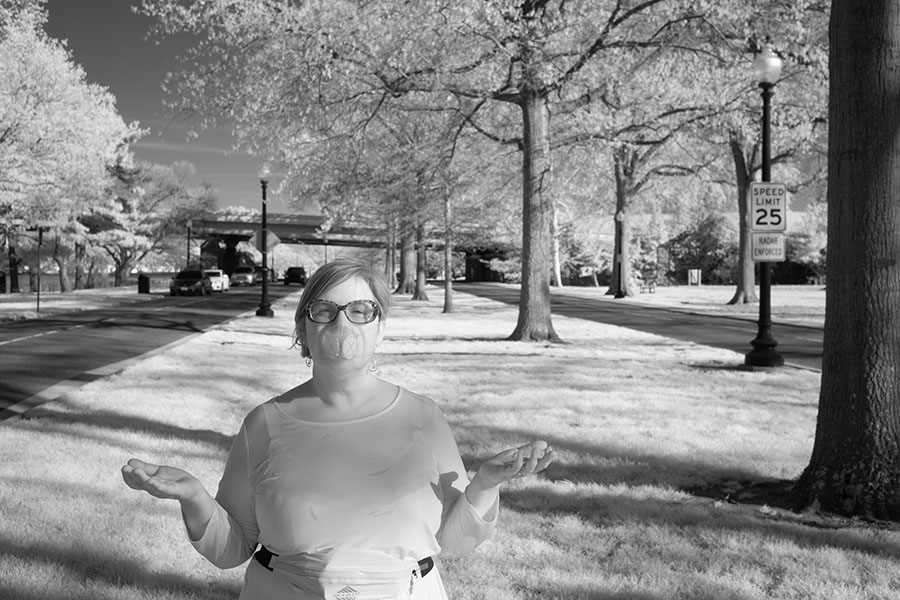 Outdoor Infrared Portrait of Woman in Protective Facemask.